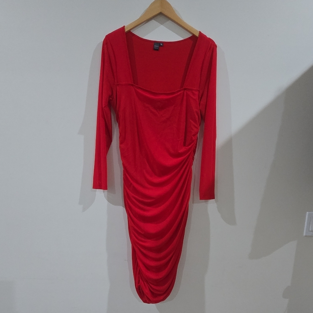 SHEIN Dress Women 1XL Red Ruched Fitted Long Sleeve Chic Evening Bodycon Modern